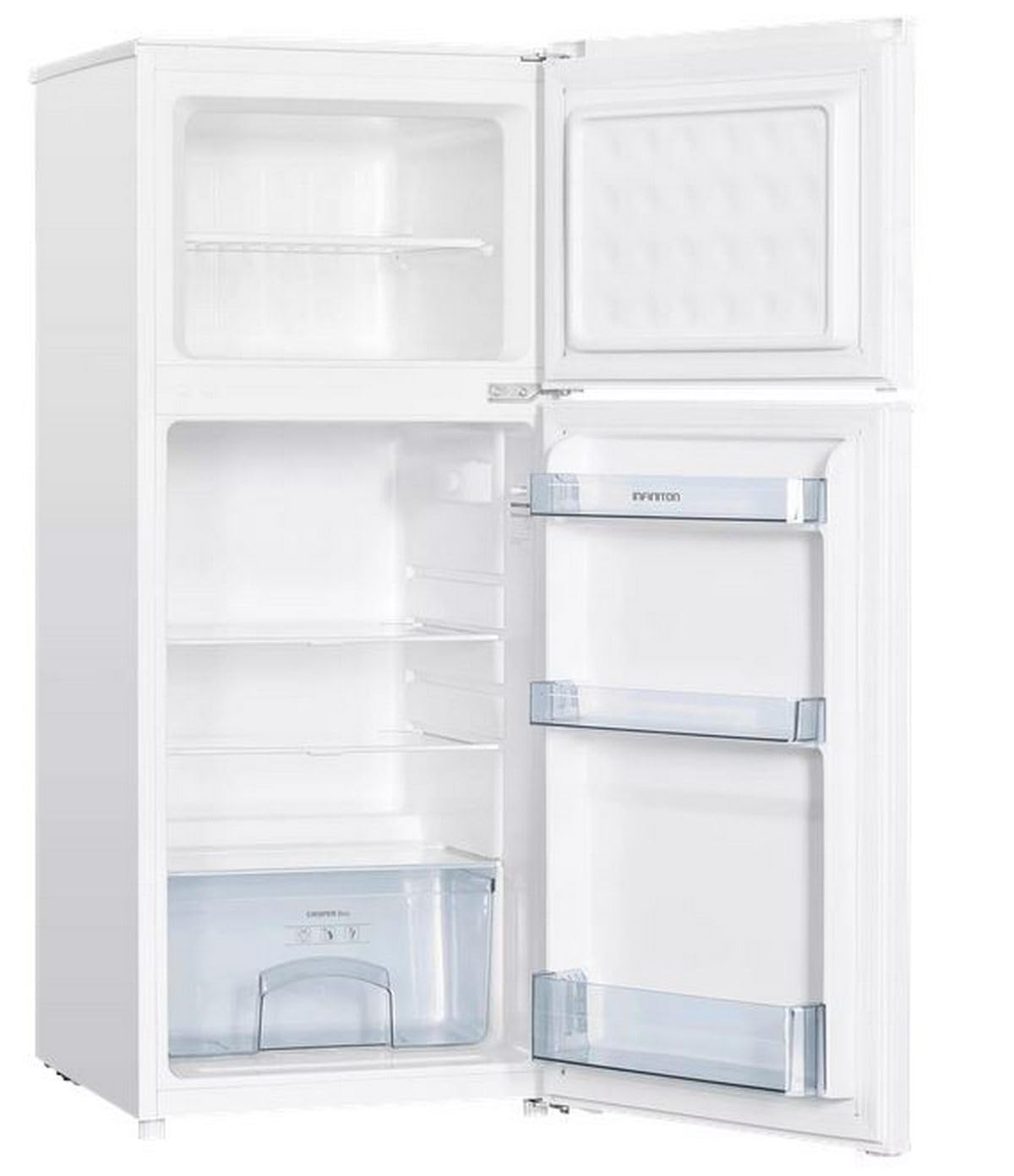 Frigorifico Dos Puertas Infiniton FG-151D12BEV, 151 Litros, 122 cm de Altura, Ancho de 50 cm, Ciclico, LED Interior, Regulación en altura, E, Blanco