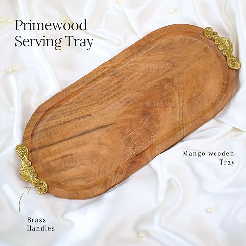 Image of Behoma Mango Wood Oval Serving Platter with Golden Brass Motif | Elegant Wooden Tray for Home Decor | Durga Puja Navratri Festive Serveware for Sweets, Cookies & Dry Fruits | Size - 37 cm (14.5 inch)