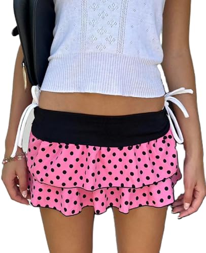 Women Y2k Ruffle Mini Skirt Low Waist Polka Dot Pleated A Line Short Skirt Boho Summer Beach Skirts