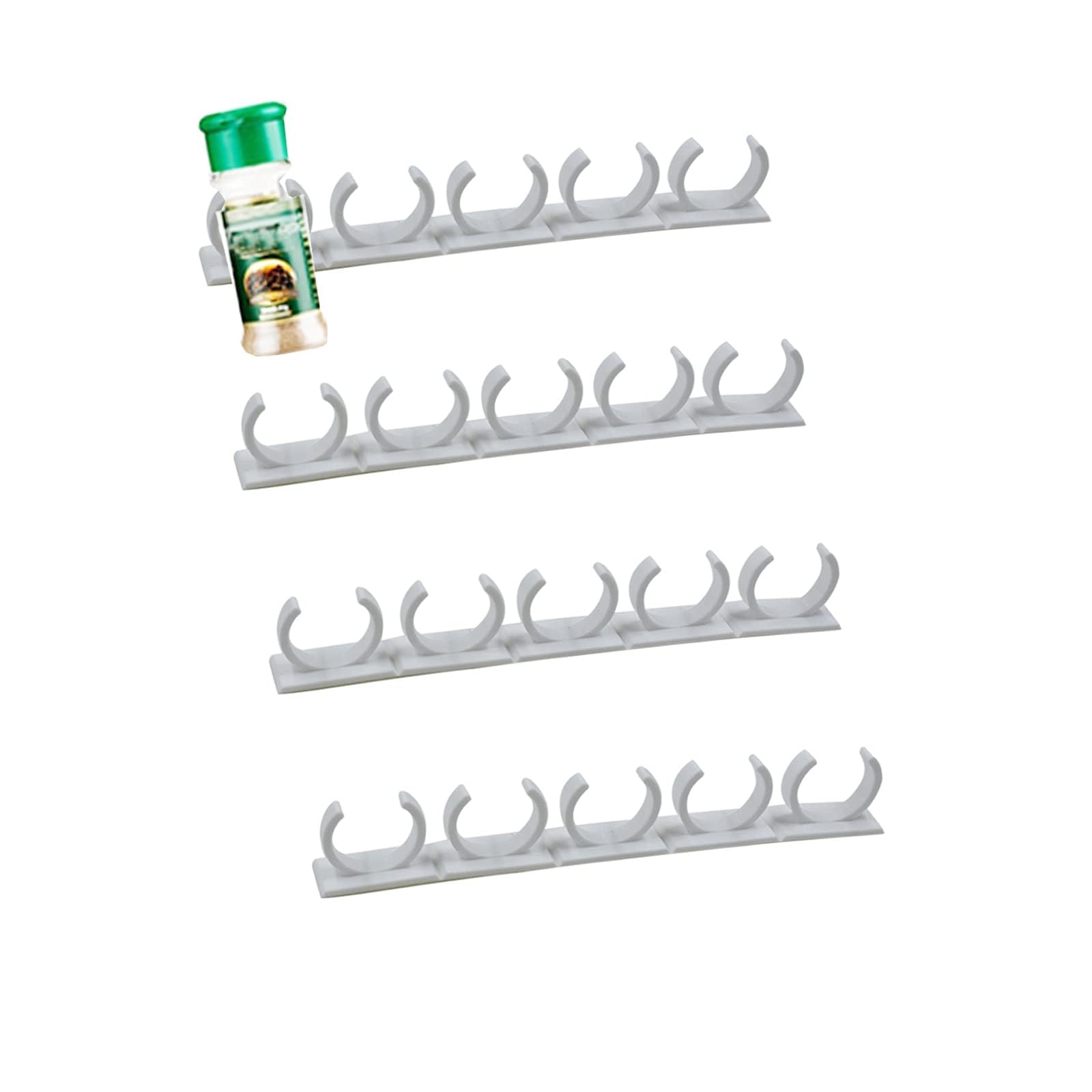 Dakexiong 4 Pack 20-Clips Spice Gripper Clip Wall Mounted Kitchen Spice Jar Rack,Organiser Rack,Seasoning Jar Storage Holder,Bottles Clip,Cupboard Spice Rack Cabinet Door with Adhesive Tape(White)