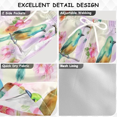 Kids Swim Shorts, Anti-Chafe Swim Trunks Boys 2 T, Watercolor Birds Flowers3