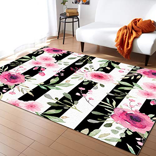 Alfombra De Dormitorio Acuarela Flor Rosa Flor del Día De La Madre Balck White Striped Resistente Felpudo Fácil Limpieza,Lavable Felpudo Entrada para Oficina Terraza Tienda 120X160Cm