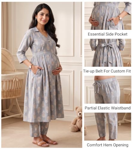 Image of DUMMY SHAPE Maternity Dresses for Women Cotton | Floral Kurta Pant Dupatta Set with Nursing Zippers, Side Pocket | Pre & Post Pregnancy | Feeding Kurti Suit | Baby Shower | Gifts for Pregnant Woman
