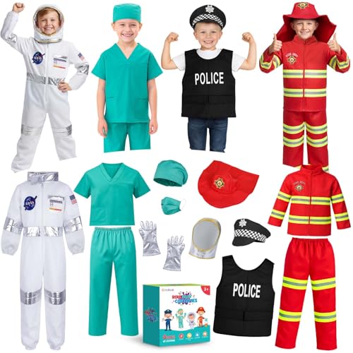 4 in 1 Toddler Dress Up Clothes 3-8 Year Career Dress Up Doctor Astronaut Police Vest Fireman Costume Kids Pretend Play Toys Christmas Birthday Gifts 3 4 5 6 7 year old Boy Toys Halloween Costumes