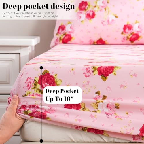 Bedlifes Twin Sheet Set Ultra Soft, Breathable, Silky Flower Deep Pocket 100% Microfiber Bedding, 3 Piece Twin Size Pink Floral(Red Rose)