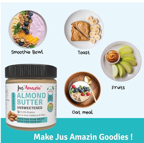 Image of Jus' Amazin Crunchy Almond Butter - Unsweetened (200 g) | 25% Protein | Only Pure Whole Almonds | Zero Additives / Chemicals | Plant Based, Dairy Free, Keto | Clean Nutrition, 0% Chemicals