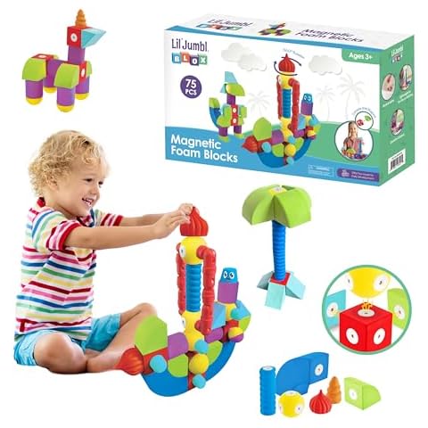 Lil' Jumbl Blox | 75-Piece Magnetic Foam Building Blocks Toy Play Set for Sensory Learning & STEM Education | Durable, Waterproof for Bath | Toddler Boys & Girls Ages 3-6 Cover
