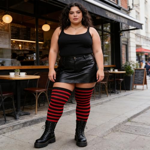 Image of DRESHOW Plus Size Thigh High Socks Striped Over Knee Long Boot Stockings Knee High Tube Socks Leg Warmers for Women