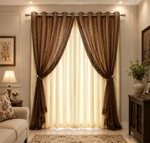 Image of Double Curtains 2 in 1 Embroidery Transparent Curtain with 80% Blackout Curtain Best for Every Interior Living Room (Coffee 8ft Set 02)