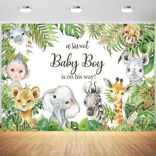 7x5ft Safari Baby Shower Backdrop A Sweet Baby Boy is on His Way Photography Background Jungle Animals Theme Baby Boy Shower Party Banner Decorations Supplies Photo Booth Props