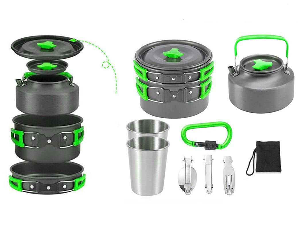 XhuangTech 10PCS Camping Cookware Mess Kit,Camping Pot and Pan Set with Kettle,Lightweight Portable Camping Cooking Set for Hiking,Backpacking,Outdoor and Picnic