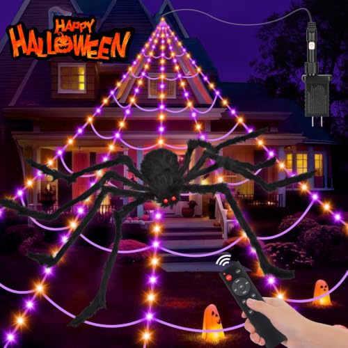 Image of OCATO 200 inch Halloween Decorations Spider Web Lights Outdoor +59 inch Fake Spider