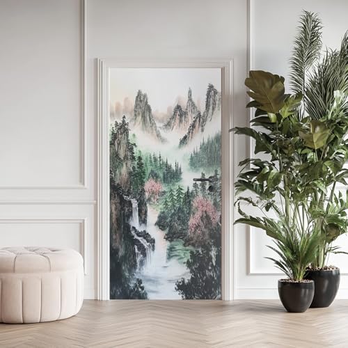Cascade Forêt Stickers pour 3D Imperméable Auto-Adhésif, Paysage Chinois PVC Poster de Porte, Asie Oriental Stickers de Porte Papier Peint 95x205 cm