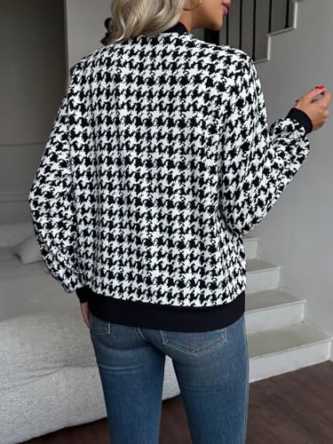 utcoco Womens Houndstooth Zip Up Bomber Jacket Casual Lightweight Wool Coats 2025 Fashion Fall Outfits for Women3