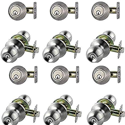 🛒 Flash Sale NU-SET 6 Sets Door Knob and Single Cylinder Deadbolt, Satin Stainless Steel Keyed Alike