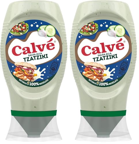 Calvé Salsa alla Tzaziki, Formato 250 ml, Salsa Tzaziki a Base di Cetrioli e Aglio, Ideale per Pinzimonio, Insalate, Carne e Pesce, Senza Coloranti, Senza Glutine, Vegano. (Confezione da 2)