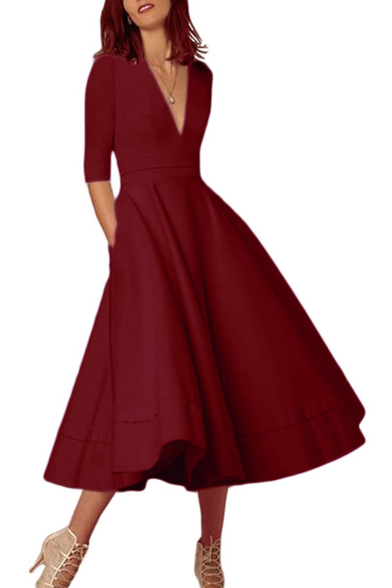 YMING Womens Vintage Deep V Neck Cocktail Dress 3/4 Sleeve Pleated Swing Dress Solid Color Maxi Dresses with Pockets