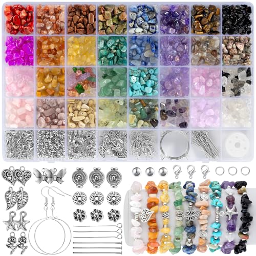 Funtopia Kit de cuentas de cristal de 32 colores para hacer joyas, 1200 piezas de cuentas de piedras preciosas naturales para adultos, 5-8 mm, cristales irregulares y chips