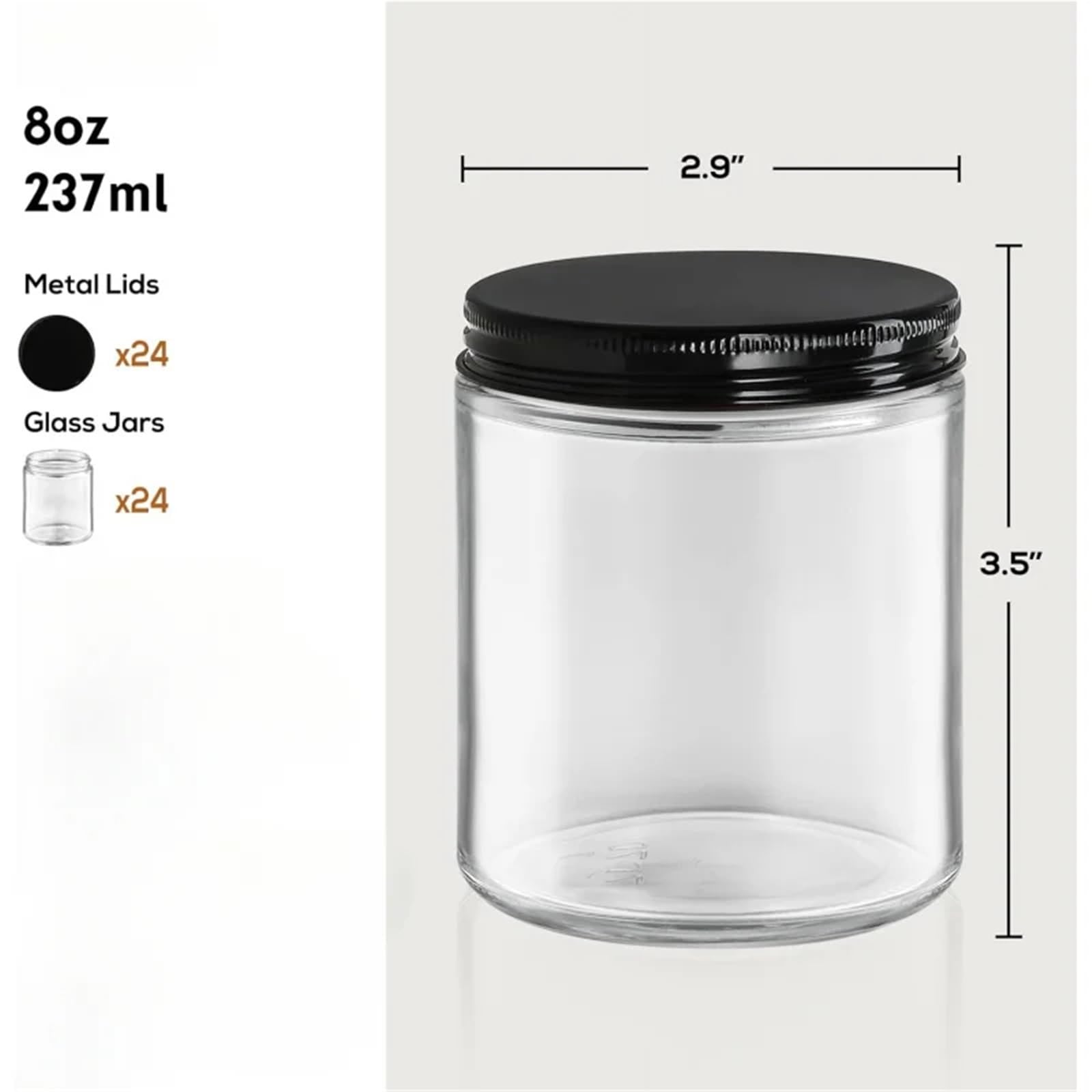 Xinglongs Puszka na świece, 24 szt., grube szklane słoiki o pojemności 230 ml, z metalowymi pokrywkami, przezroczyste, okrągłe pojemniki na świece i żywność