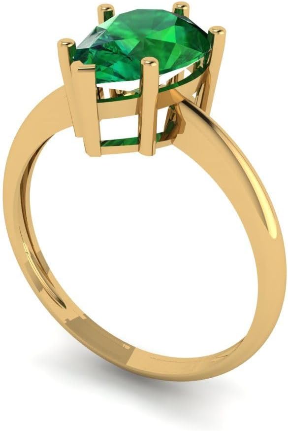 Clara Pucci 14K Solid Yellow Gold 2 ctw Emerald Solitaire Ring for Women | Anniversary, Birthday Gift | 10x7mm Pear Cut - Image 2