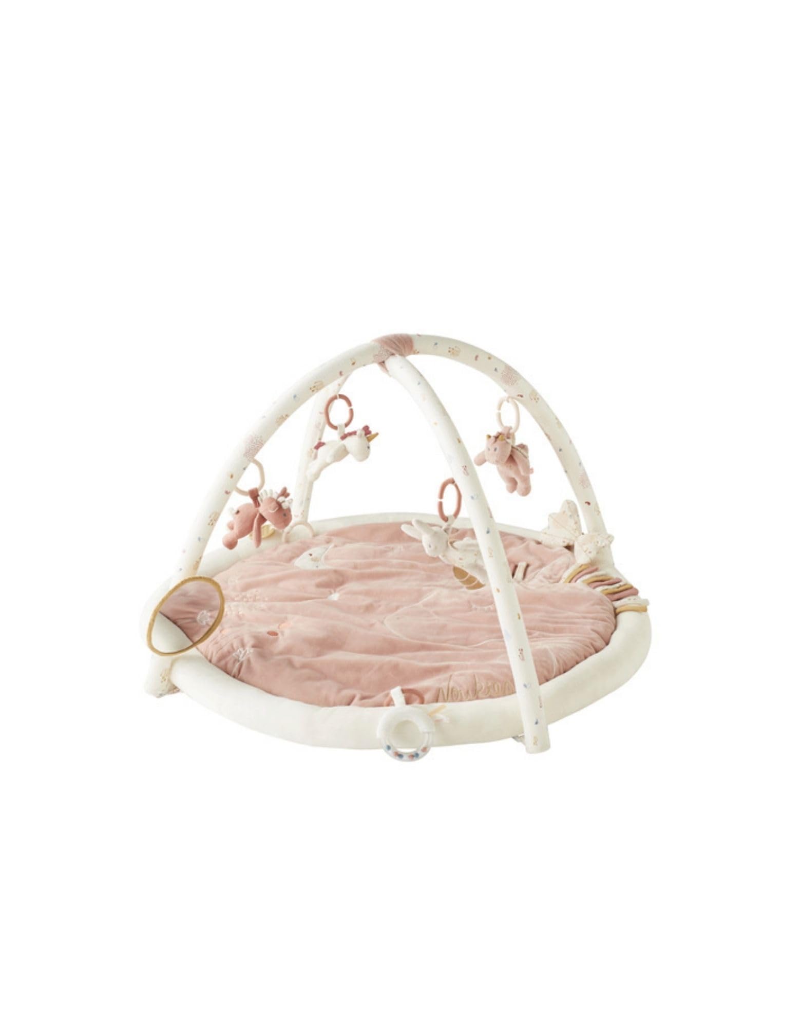 NOUKIE'S - Tapis d'Éveil Bébé - Rose - Lina & Joy - Tapis d’Activités Sensoriel avec Jouets Suspendus - Motricité, Développement Éveil - Lavable Machine - Naissance - Cadeau