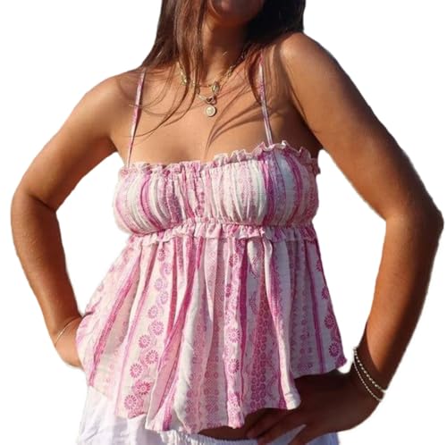 Image of Women Floral Camisoles Tops Sexy V Neck Backless Ruffle Hem Going Out Tops Cute Summer Y2k Teen Girls Camis