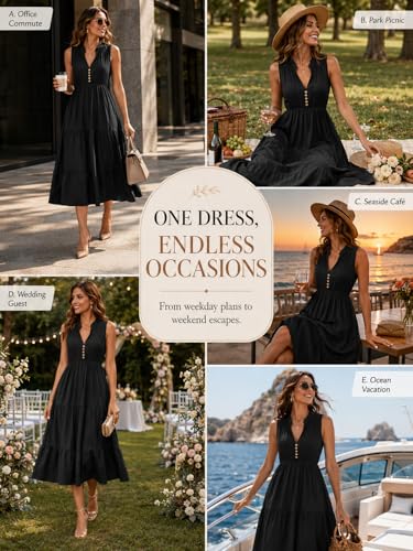 Image of BROVAVE Womens 2026 Summer Sleeveless Shirt Dress Collar Striped V Neck Casual Midi Dresses