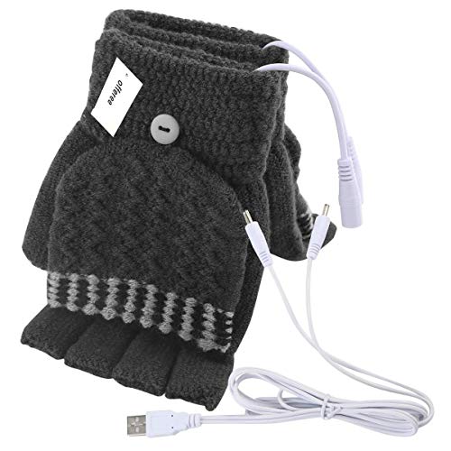 Offeree USB Heated Gloves Mitten for Women Men full and half hands warm laptop gloves with double-sided heating for indoor or outdoor winter usb powered knitting hands warmer (Men Grey)