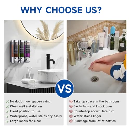 Image of Shower Soap Dispenser Wall Mounted No Drill Shampoo Dispenser for Shower Wall Shampoo and Conditioner Dispenser Bathroom Hotel 3 * 300ml Chrome Self