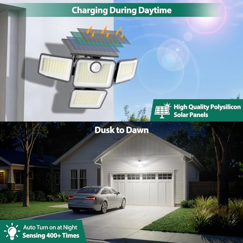 omibee 3000LM Solar Lights Outdoor, 4 Adjustable Heads Motion Sensor Security Light, 3 Modes, 6500K, IP65 Waterproof Solar Wall Flood Lights for Garden, Outside, Backyard, 2 Pack - image 6
