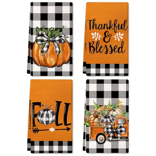 ARKENY Fall Kitchen Towels for Fall Decor,Pumpkin Truck Buffalo Plaid Autumn Dish Towels 18x26 Inch Set of 4,Farmhouse Home Thanksgiving Harvest Vintage Decorations AD370