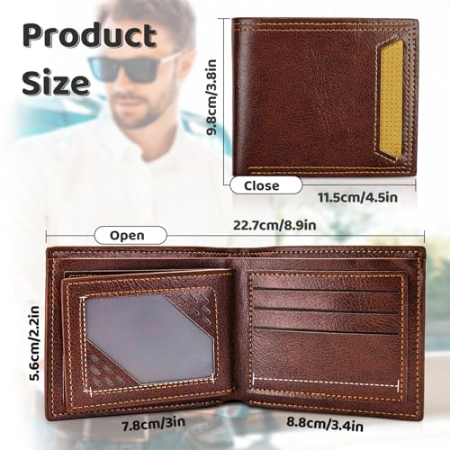 Men Wallet, Soft Leather Men Bifold Wallet Slim Wallet with a Flip ID Window, 9 Cards Slots and 2 Cash Pocket(Brown)2