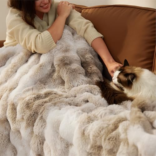 Bedsure GentleSoft Fluffy Faux Fur Blanket Twin Size, Fuzzy Soft Bubble Blanket for Couch, Faux Fur Decor for Home Bedroom Living Room, Thick Furry Cozy Gifts for Women, Tie-dye Taupe, 60x80 Inch