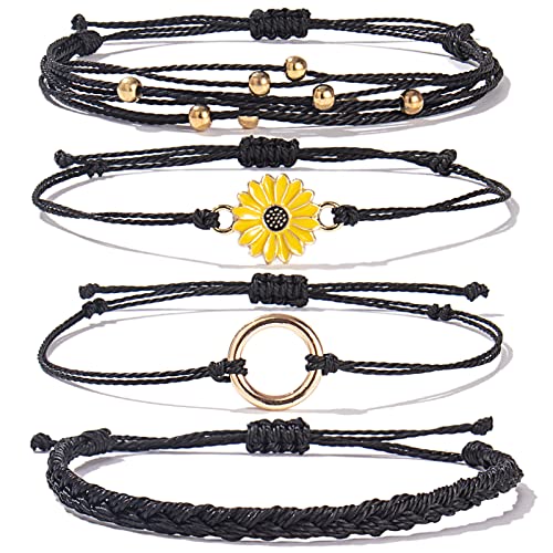 Image of Stackable Sunflower String Bracelets Cute Boho Braided Summer Beach Jewelry