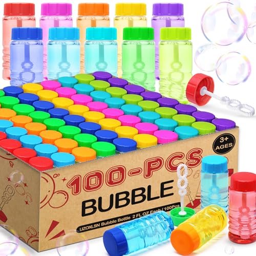 100 Pack 10 Neon Colors Bubble Bottles with Wand Attached to the Cap, Summer Bubble Solution Bulk Toy, Birthday Decor Gift Box, Party Favor Supplies for Kid, Carnival, Goody Bag Stuffer, Pinata Filler