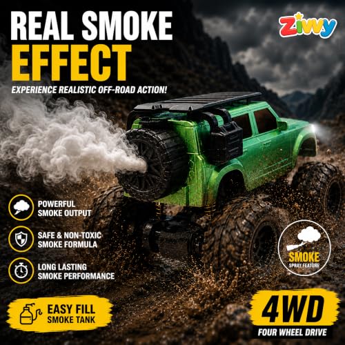 Image of Big Green Remote Control Car Toy | Defender | Smoke and LED Light | Monster Truck Remote Control 4x4 | Rechargeable Car | 2.4G Remote Control | High Speed | 100m Range | Birthday Gift for Kids