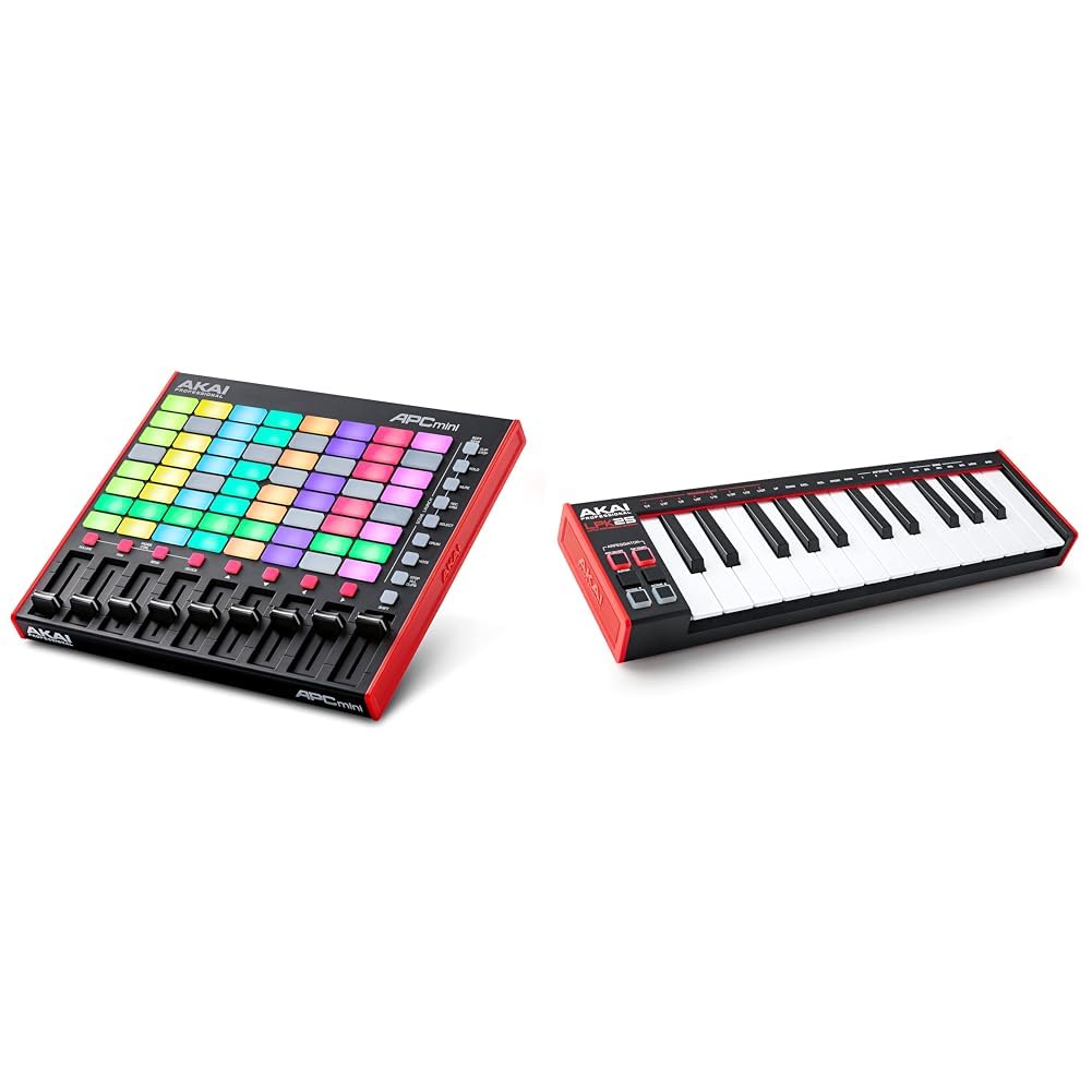 Akai APC Mini MK2 professionnel - Contrôleur MIDI USB pour lancer des clips & Professional LPK25 - Clavier MIDI USB avec 25 touches synthé réactives pour Mac et PC, arpégiateur et logiciel