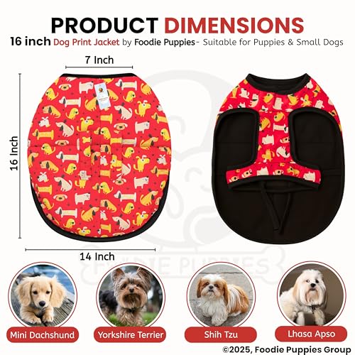 Image of Foodie Puppies Dog Winter Jacket - (Dog Printed, 16 Inch) for Small Size Breeds | Ultra Warm Waterproof & Windproof Coat | Adjustable Velcro Closure, Washable Vest for Cold Weather