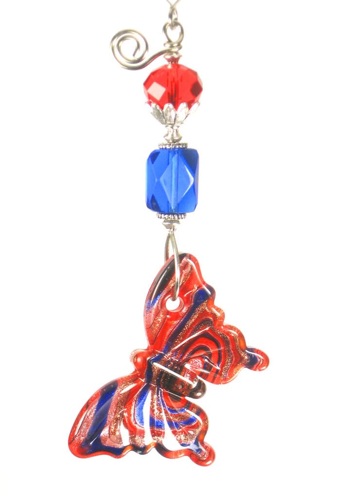 Big Bright Red and Cobalt Blue Lamp Work Glass Butterfly Ceiling Fan Pull Chain