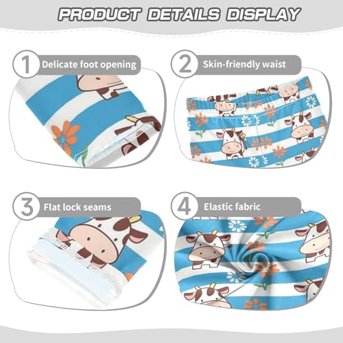 Wusikd Cartoon Cow Girls' Leggings Toddler Doodles Blue Striped Flowers Kids Yoga Pants Dance Active Tights 4T3