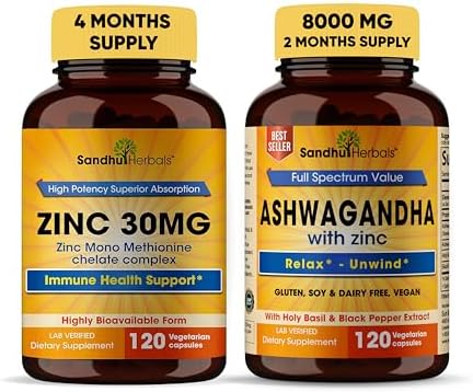 Sandhu Herbals Zinc 30mg Supplement and Organic 4 in 1 Ashwagandha Capsules with Zinc| Supports Healthy Skin, Immune System| Non-GMO