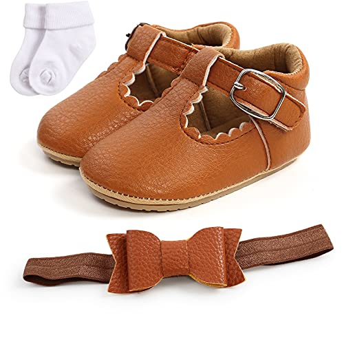 Infant Baby Girls Mary Jane Flats Princess Dress Shoes Toddler Wedding Shoes with Non-Slip Sole with Socks + Headband 3pcs Set (Brown, 12_Months)