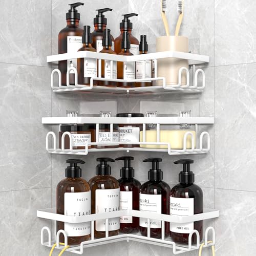 Diwoker Estanteria Baño sin Taladro, Estante Rinconera Ducha con Adhesivo, Baldas Baño Organizador Ducha, Accesorios Ducha (Blanco, 3 Cesta)