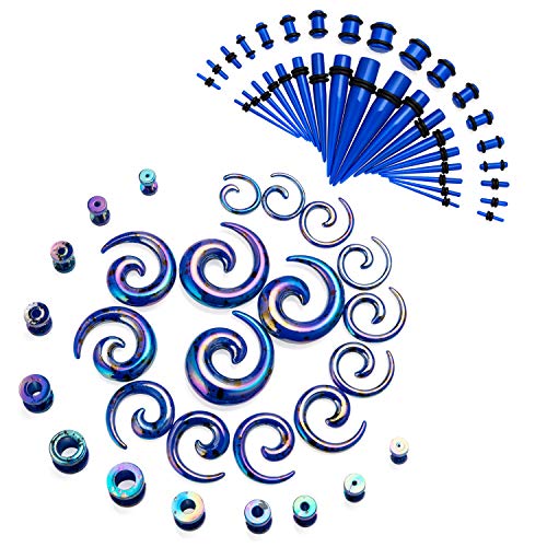 JDXN 64 PCS Acrylic Spot Gauge Kit Spiral Tapers Tunnels Plugs 14G-00G Ear Stretching Starter Set Jewelry (Dark Blue)