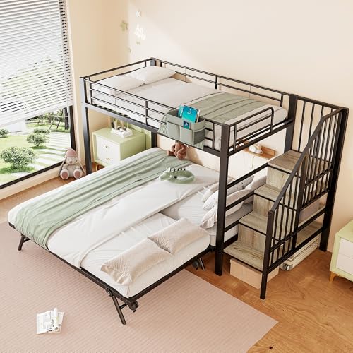 Goldicoo Litera con cama plegable (90 x 200 cm, con peldaños de almacenamiento, 255 x 95,5 x 164 cm), color negro