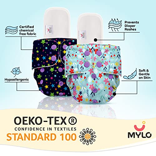 Image of Mylo Essentials Leak Proof Baby Cloth Diaper Combo (2 Diapers + 2 Inserts) for 3 Months to 3 Years Babies | Oeko Tex Certified Washable & Reusable Baby Cloth Diaper | Free Size