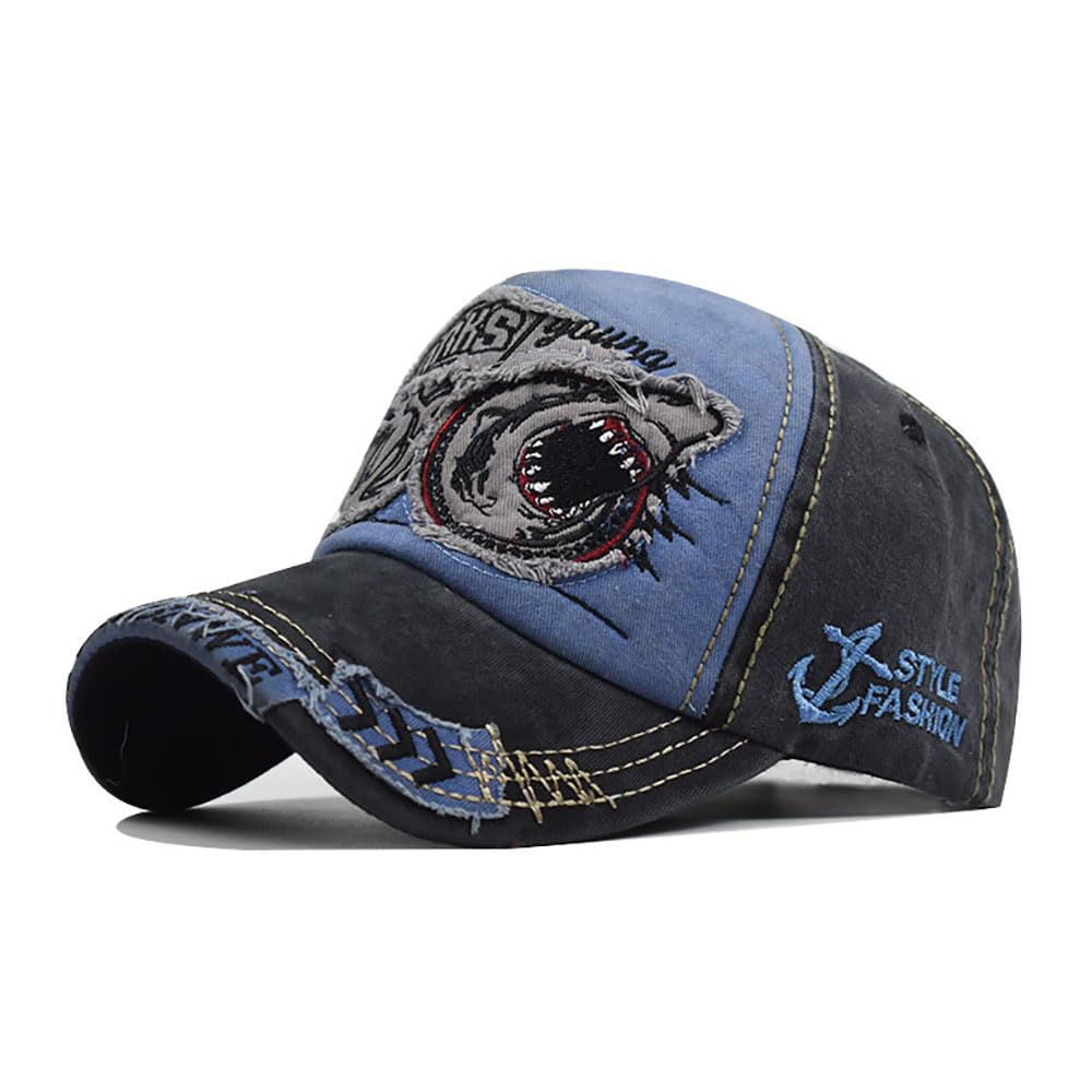 FVKTHNVS Washed Hip Hop Baseball Cap Shark Embroidery Personalized Trend Unisex Outdoor Cap (Cotton, Navy)