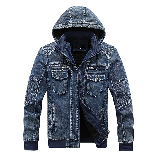 Men's Denim Hooded Jacket Male Casual Sherpa Trucker Outwear Men Ribbed Winter Hoodies Jeans Jackets