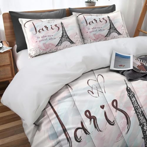 Nesphy Pink Paris Comforter Set for Boy Girl Children Teens King, Modern French Style Romantic Theme Bedding Sets Water Washed Microfiber Bedding with 1 Comforter 2 Pillowcases All Season
