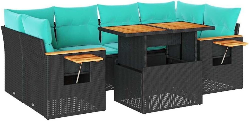 7 Piece Patio Sofa Set with Cushions Black Poly Rattan Patio Furniture Set Garden Seating Ensemble for Garden Deck